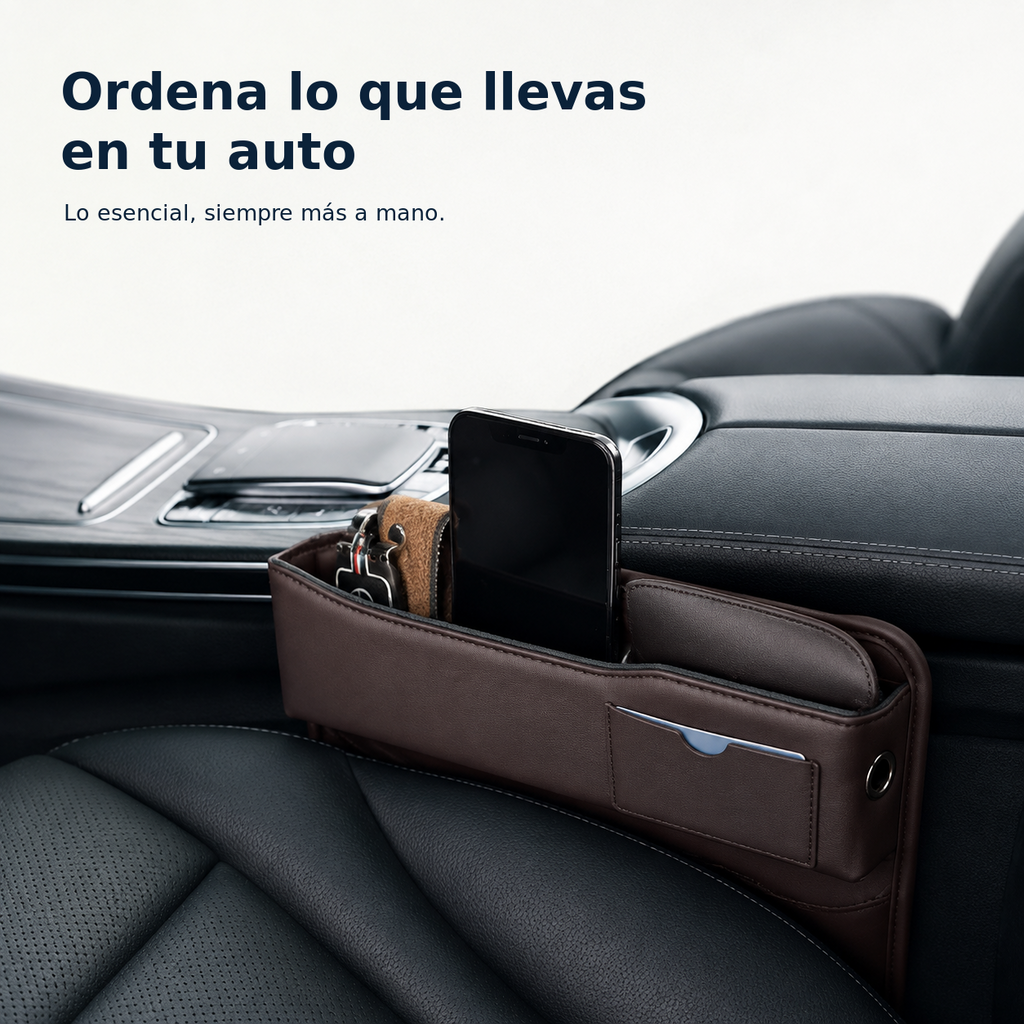 Organizador para ranura de asiento instalado junto a la consola central de un auto