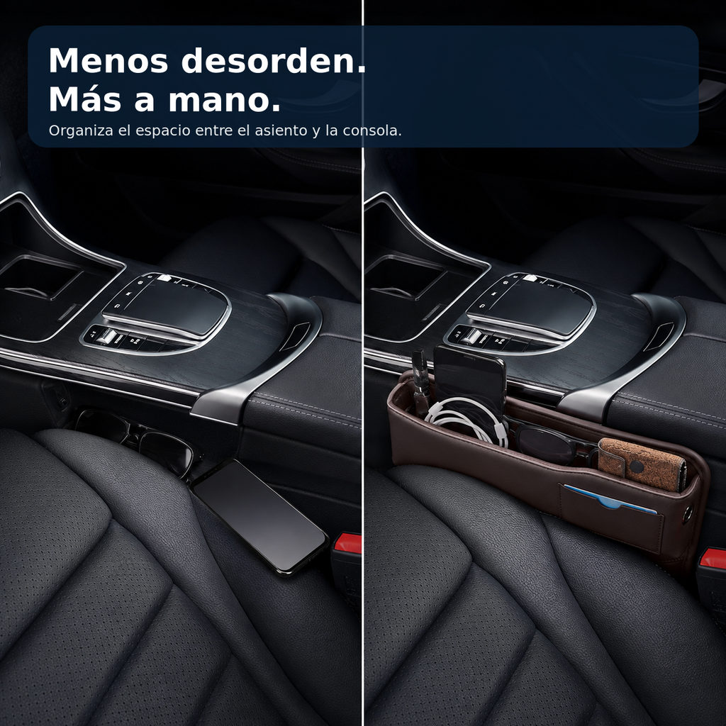 Comparación visual de espacio desordenado y organizador para ranura de asiento instalado