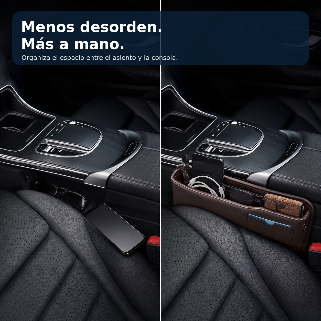 Comparación visual de espacio desordenado y organizador para ranura de asiento instalado