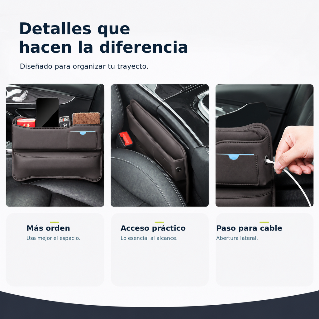 Características del organizador para ranura de asiento: orden, acceso y abertura lateral