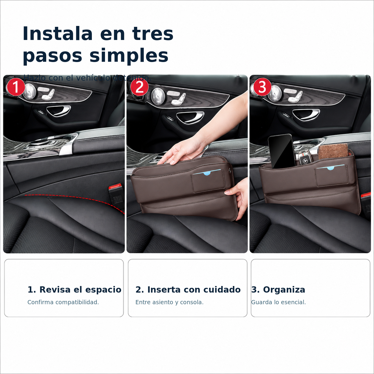 Tres pasos para instalar el organizador entre el asiento y la consola central