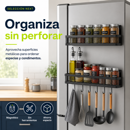 Estante magnético organizador para especias instalado sin perforar en refrigerador