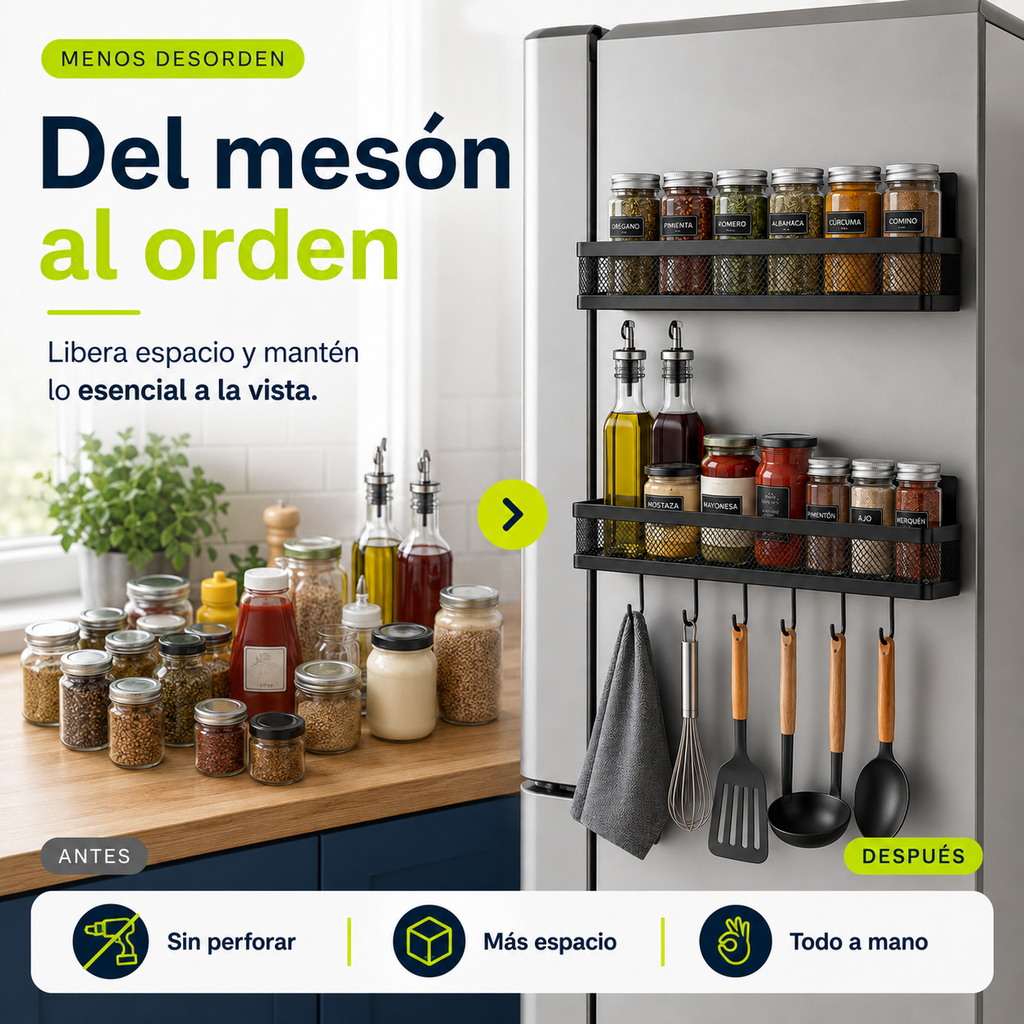 Antes y después de organizar especias con estantes magnéticos en la cocina
