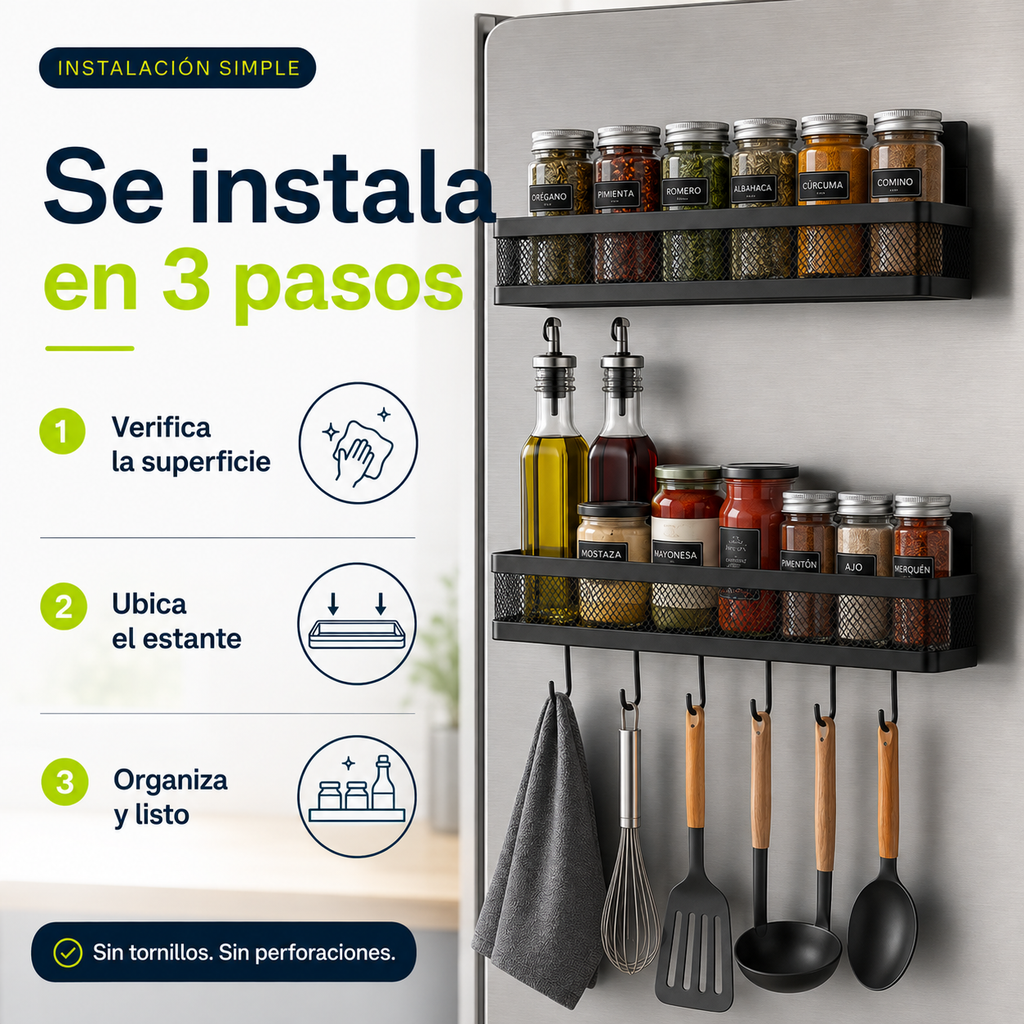 Instalación del estante magnético en tres pasos sin tornillos ni perforaciones