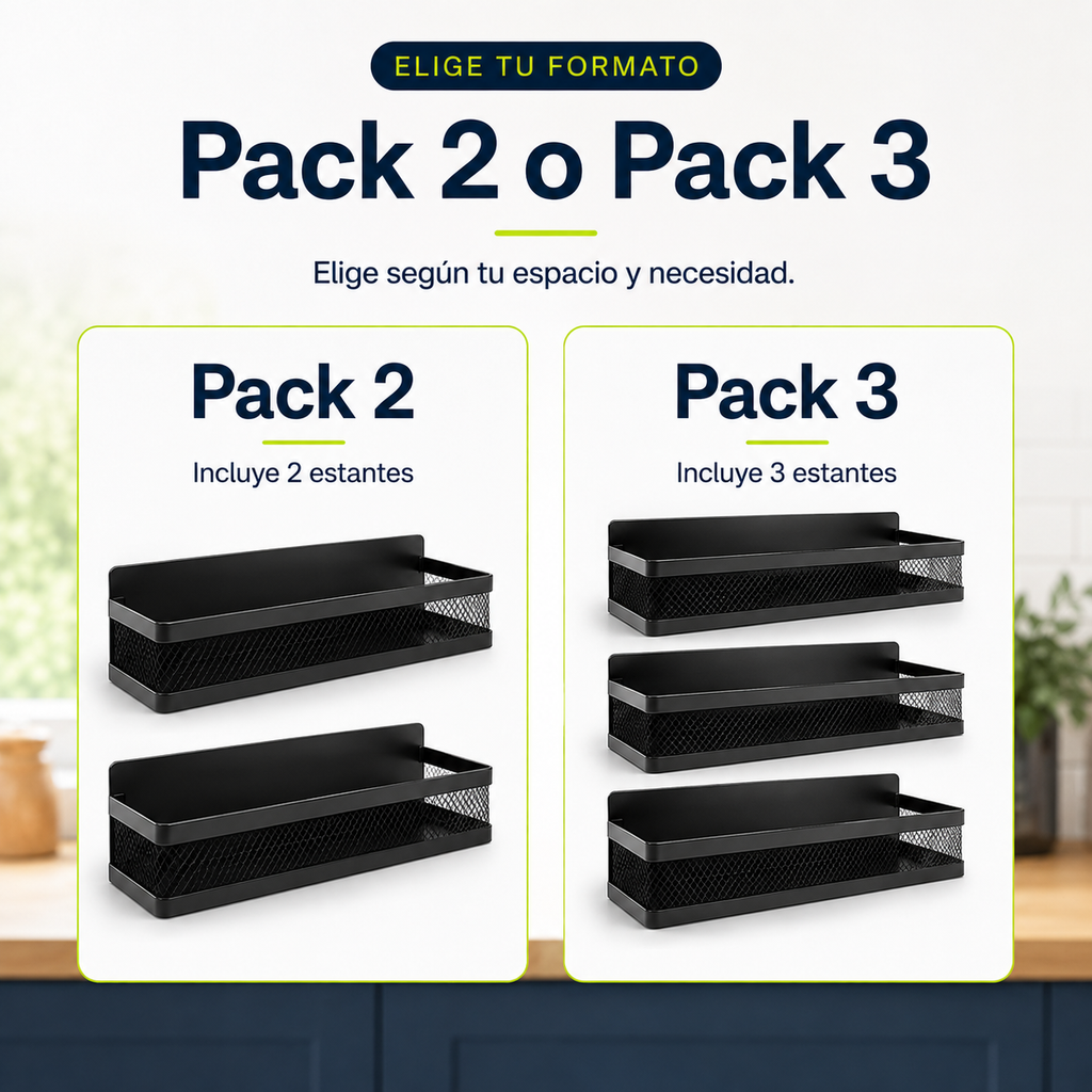 Comparación visual entre Pack 2 y Pack 3 de estantes magnéticos